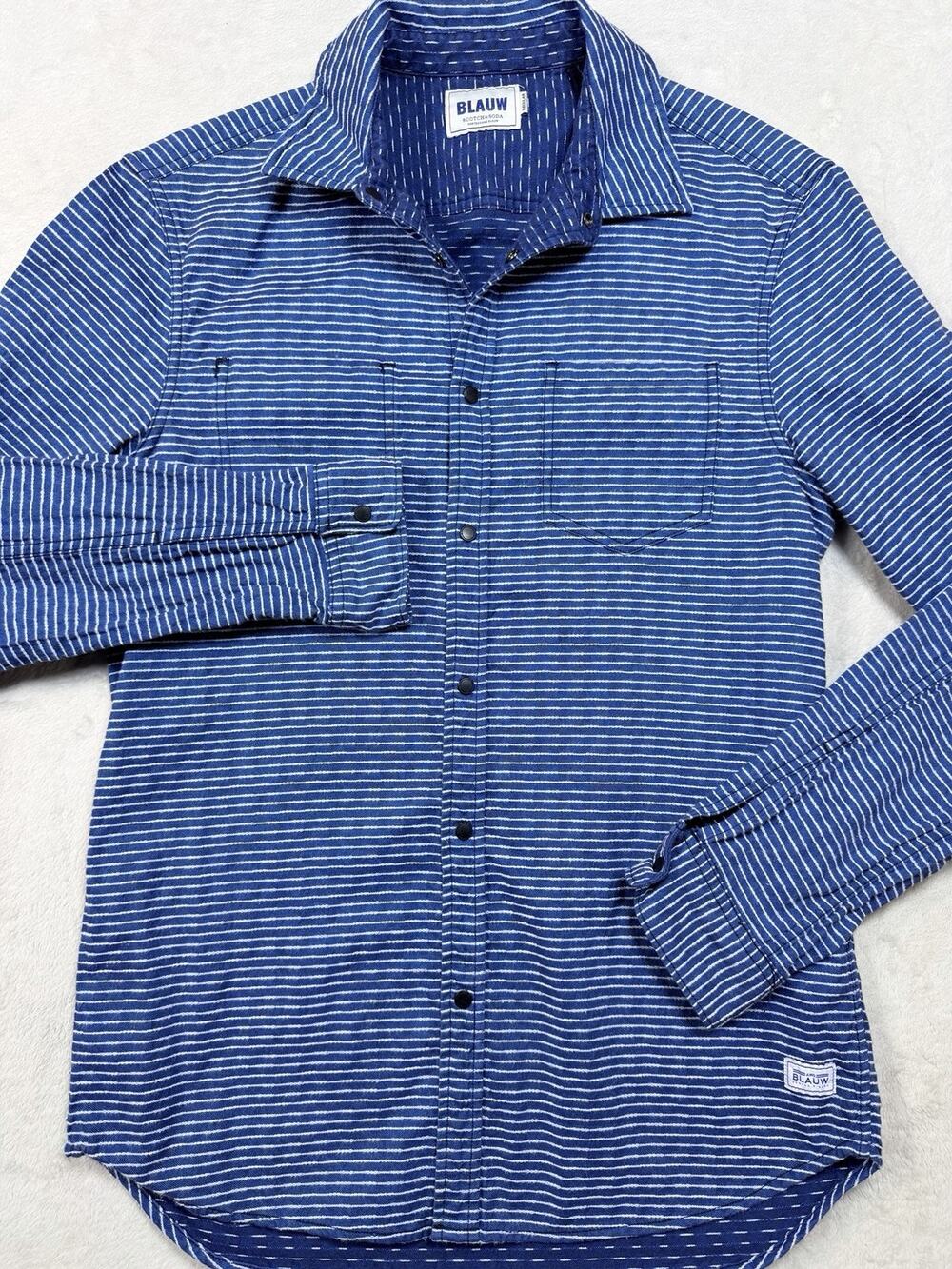 Scotch & Soda Amsterdams Blauw Stripe Western Snap Shirt L Men Regular Cotton Bl